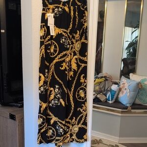 Chic Black and Gold Chain Print Wide Leg Pants Brand New